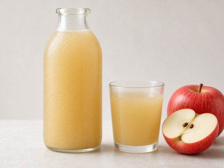 Illustrative image: apple juice in a glass bottle and glass with fresh apples