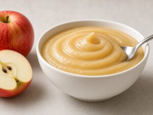 Illustrative image: smooth apple purée in a white bowl with fresh apples