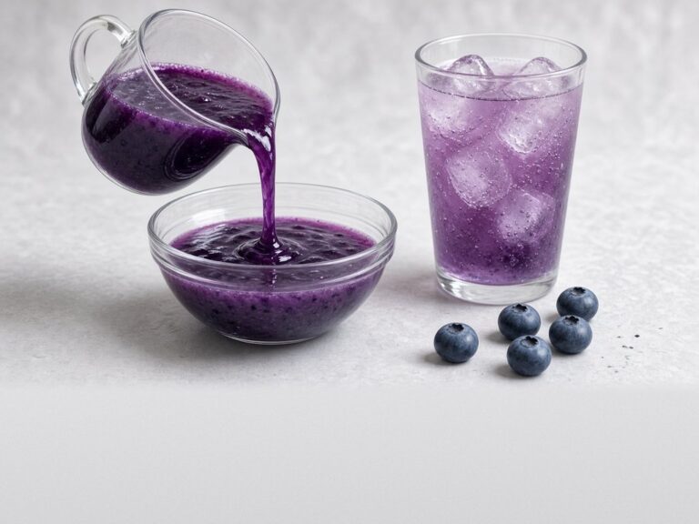 Illustrative image: frozen blueberry pulp, pourable, diluted as a drink