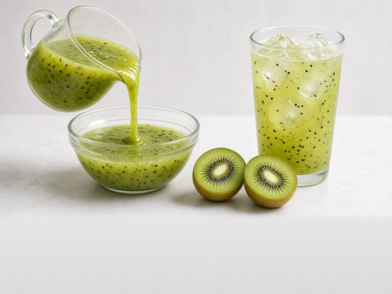 Illustrative image: frozen kiwifruit pulp, pourable, diluted as a drink