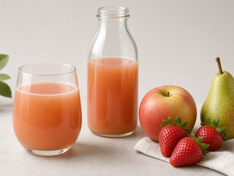 Illustrative image: mixed fruit juice in a glass and a bottle with fresh fruit