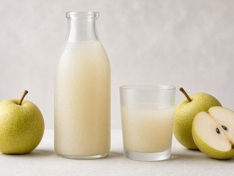 Illustrative image: pear juice in a glass bottle and glass with fresh green pears