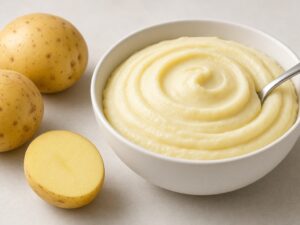 Illustrative image: smooth potato purée in a white bowl with potatoes