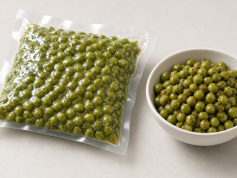 Illustrative image: seasoned green peas in a vacuum pack and in a white bowl