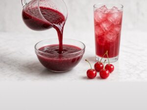 Illustrative image: frozen sour cherry pulp, pourable, diluted as a drink