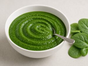 Illustrative image: smooth spinach purée in a white bowl with spinach leaves