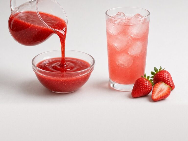 Illustrative image: frozen strawberry pulp, pourable, diluted as a drink