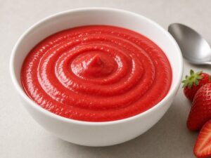 Illustrative image: smooth strawberry purée in a white bowl with strawberries