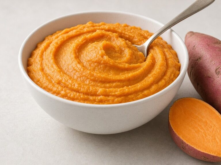 Illustrative image: smooth sweet potato purée in a white bowl with sweet potatoes