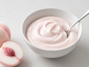 Illustrative image: smooth white peach purée in a white bowl with a halved white peach