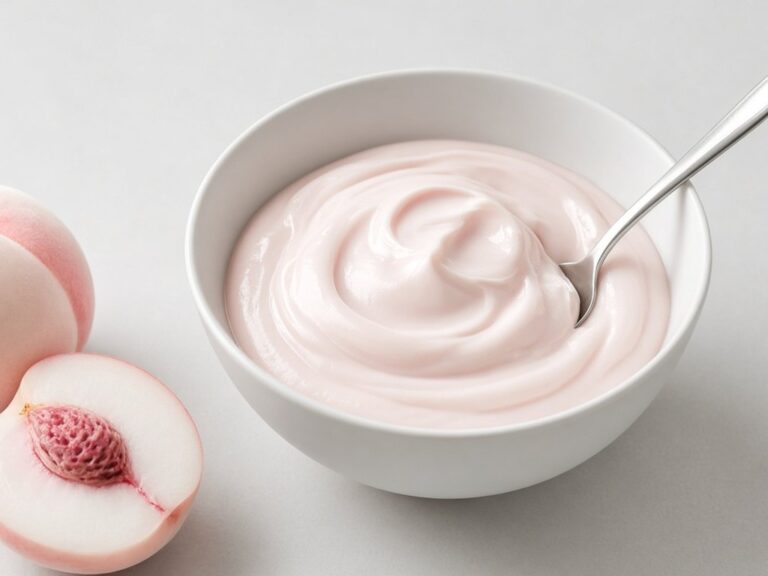 Illustrative image: smooth white peach purée in a white bowl with a halved white peach