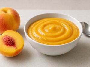 Illustrative image: smooth yellow peach purée in a white bowl with yellow peaches