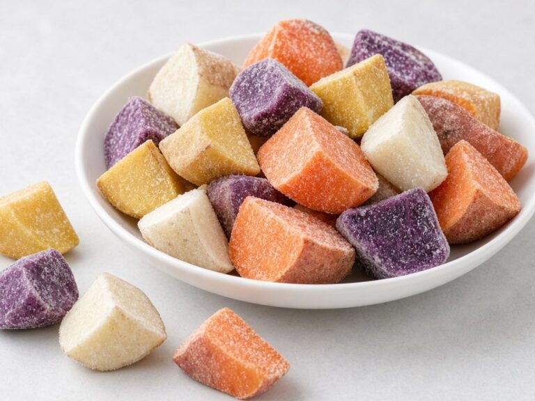 Illustrative image: IQF frozen sweet potato chunks, irregular cut