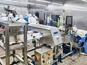 Production line with inspection equipment in the Jiale Food workshop